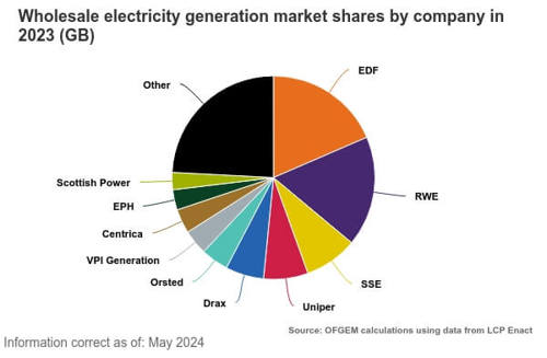 Pie chart showing the share of wholesale electricity generation market shares by company in 2023, last updated May 2024.